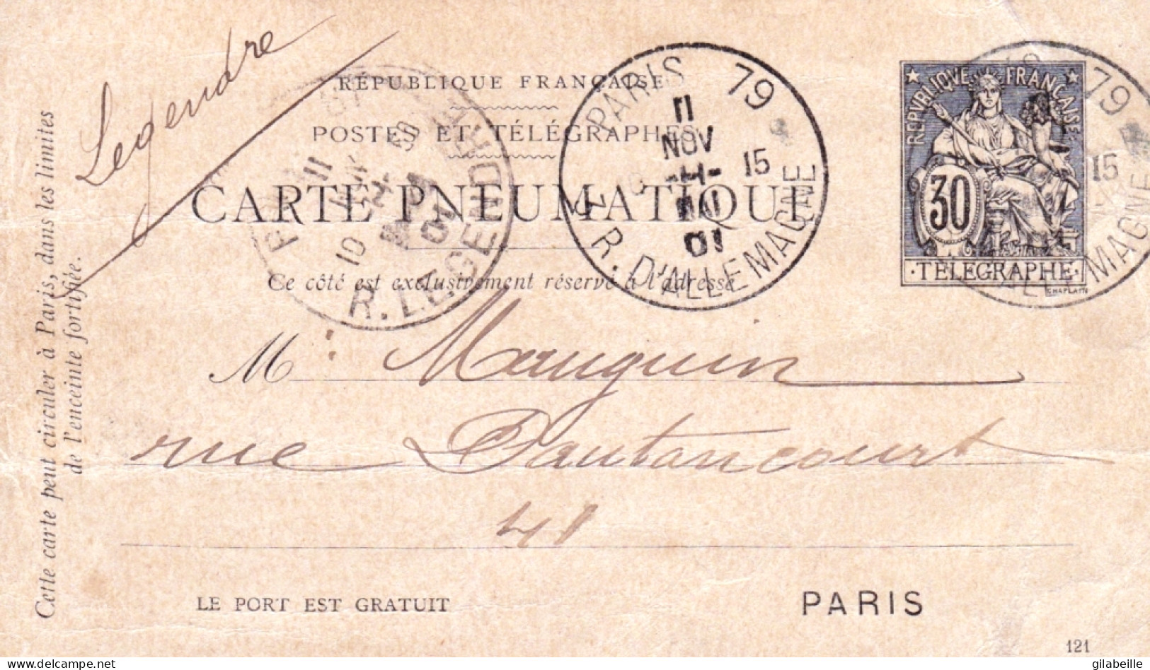 FRANCE - Carte  Pneumatique Type Chaplain - Paris 1901  Rue D'Allemagne - Pneumatische Post