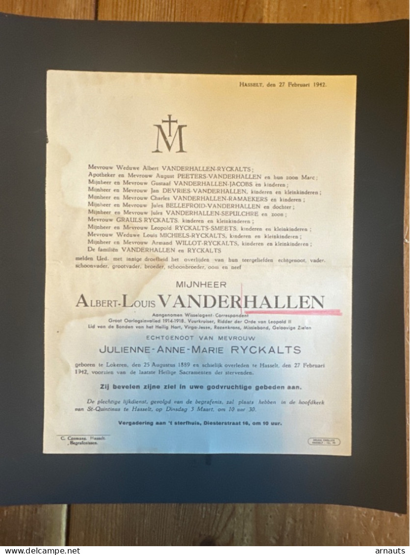 Albert Vanderhallen Echtg Ryckalts Julienne *1889 Lokeren +1942 Hasselt Devries Bellefroid Grauls Willot Sepulchre Smeet - Todesanzeige