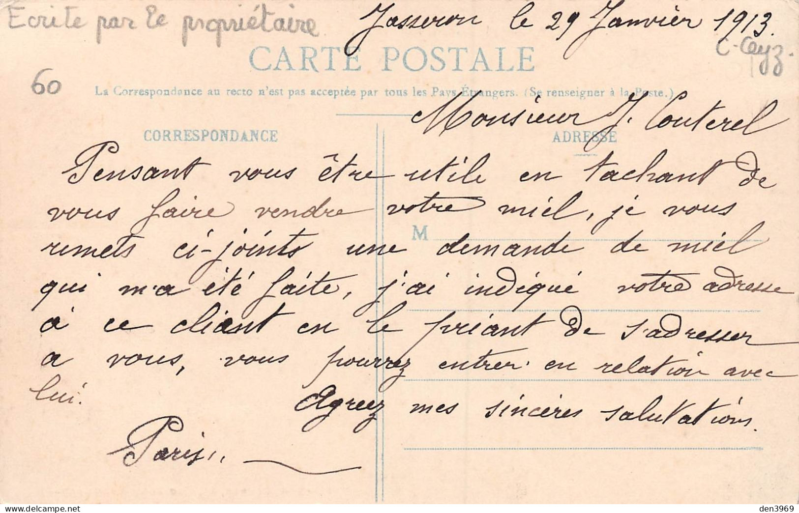 JASSERON (Ain) - Villa Des Abeilles Aux Bruyères - Rucher Paris Auguste - Voyagé 1913, écrit Par Propriétaire (2 Scans) - Ohne Zuordnung