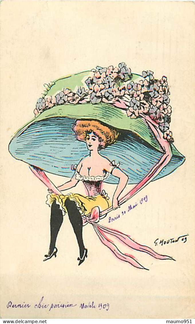 CPA Aquarellée Femme Lady  Et Le Chien . Chapeau Immense La Mode En 1910. Illustrateur G. Mouton - Other & Unclassified