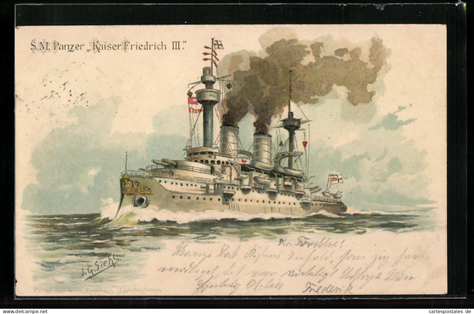 Künstler-AK Johann Georg Siehl-Freystett: Kriegsschiff S. M. S. Kaiser Friedrich III.  - Warships