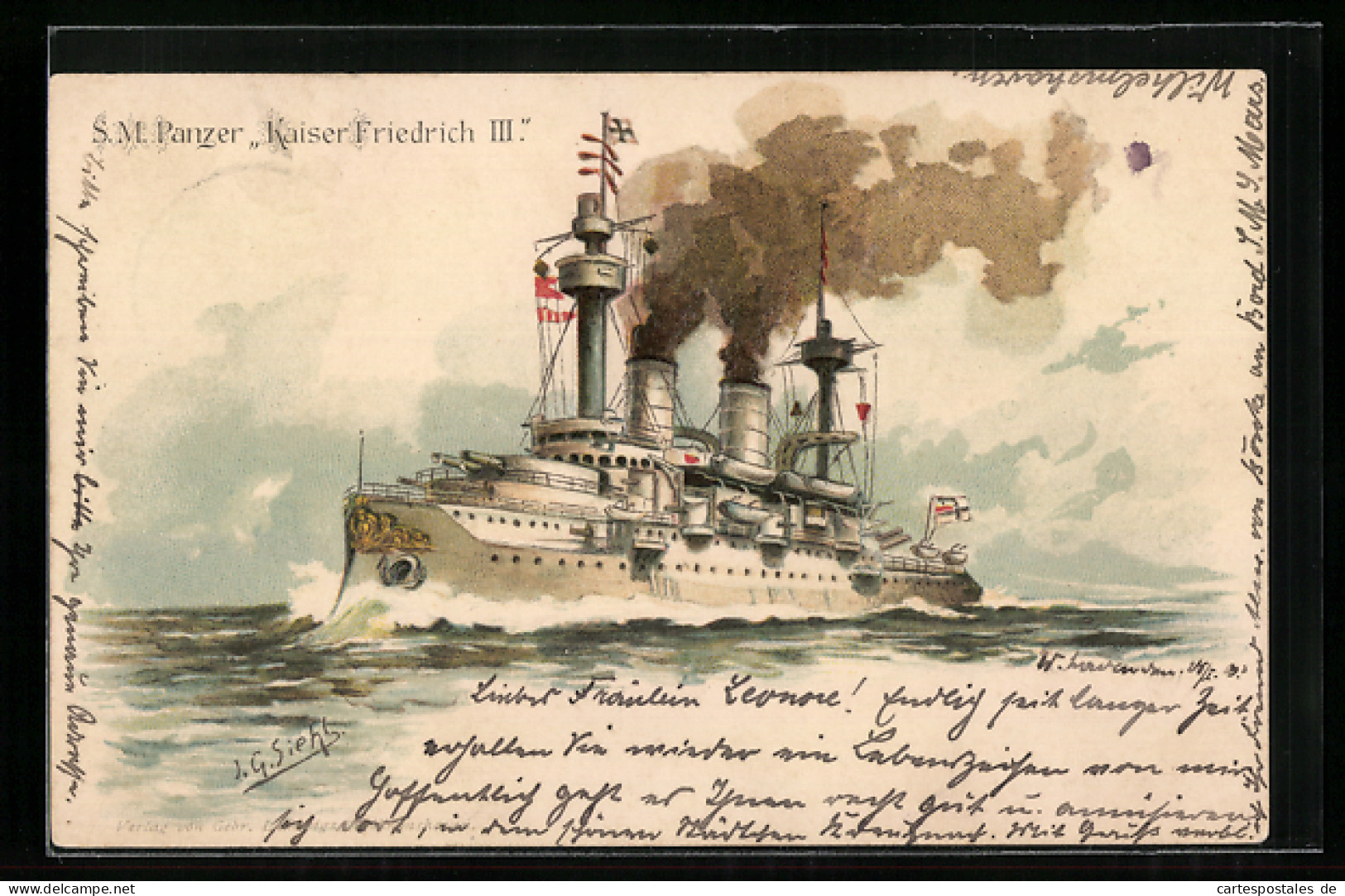 Künstler-AK Johann Georg Siehl-Freystett: S. M. S. Kriegsschiff Kaiser Wilhelm II. Auf Hoher See  - Krieg