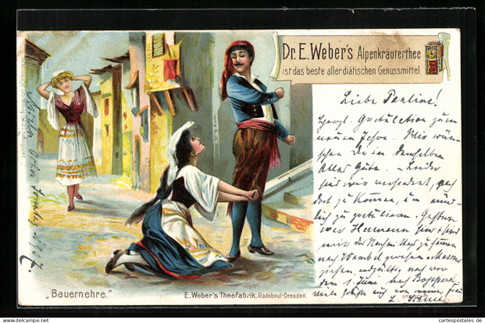 Lithographie Reklame Dr. E. Weber`s Alpenkräuterthee, Bauernehre  - Werbepostkarten