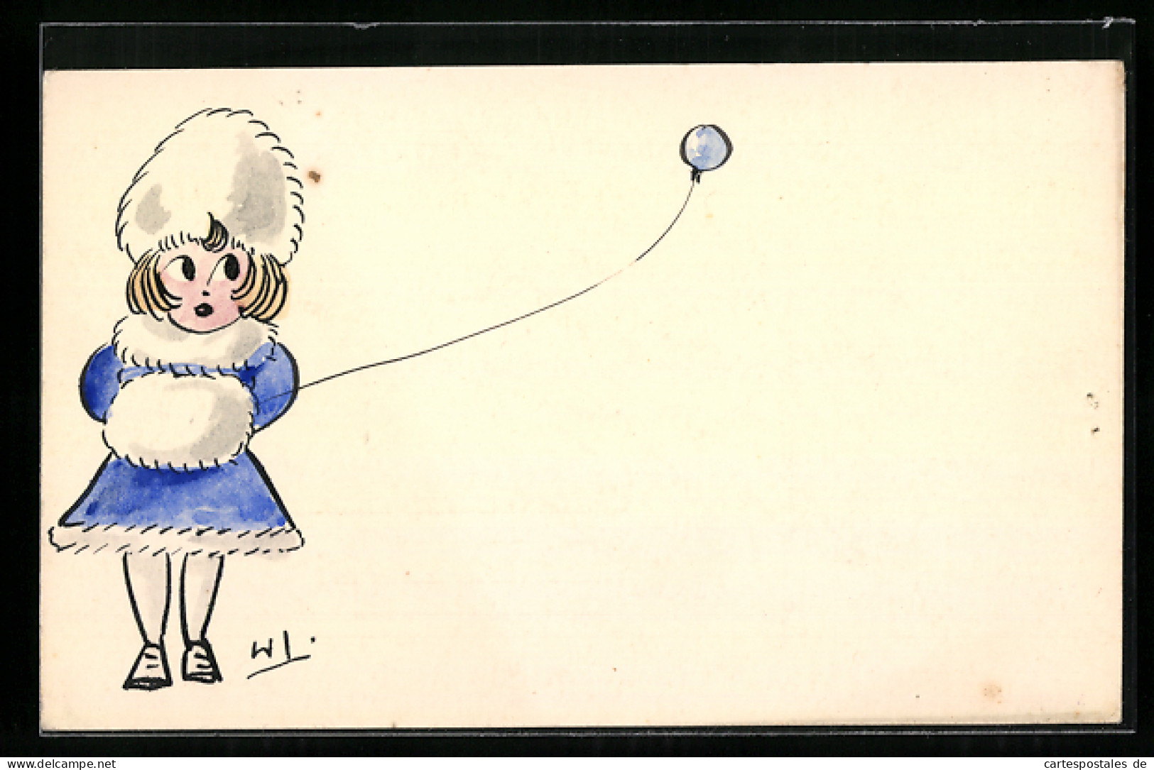 Künstler-AK Handgemalt: Mädchen Im Blauen Mantel Mit Muff Und Ballon  - 1900-1949