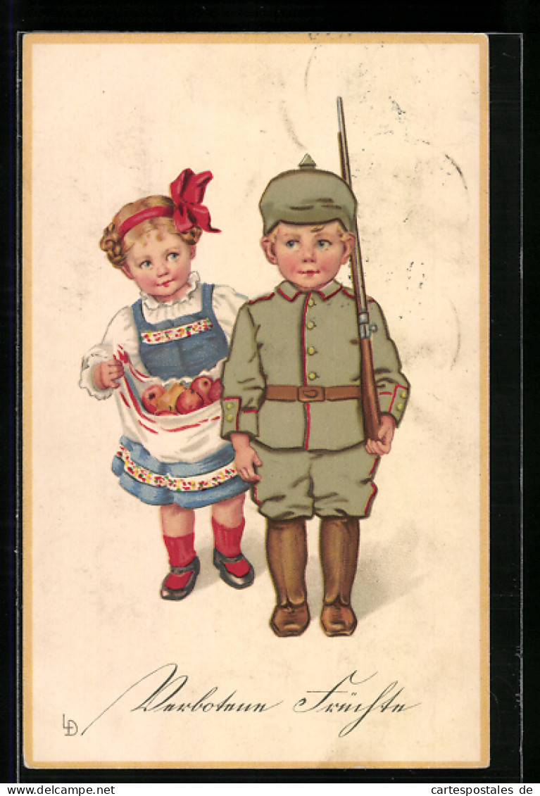 AK Kinder Kriegspropaganda, Knabe In Uniform Und Gewehr, Mädchen Träg Schürze Mit Äpfeln  - War 1914-18