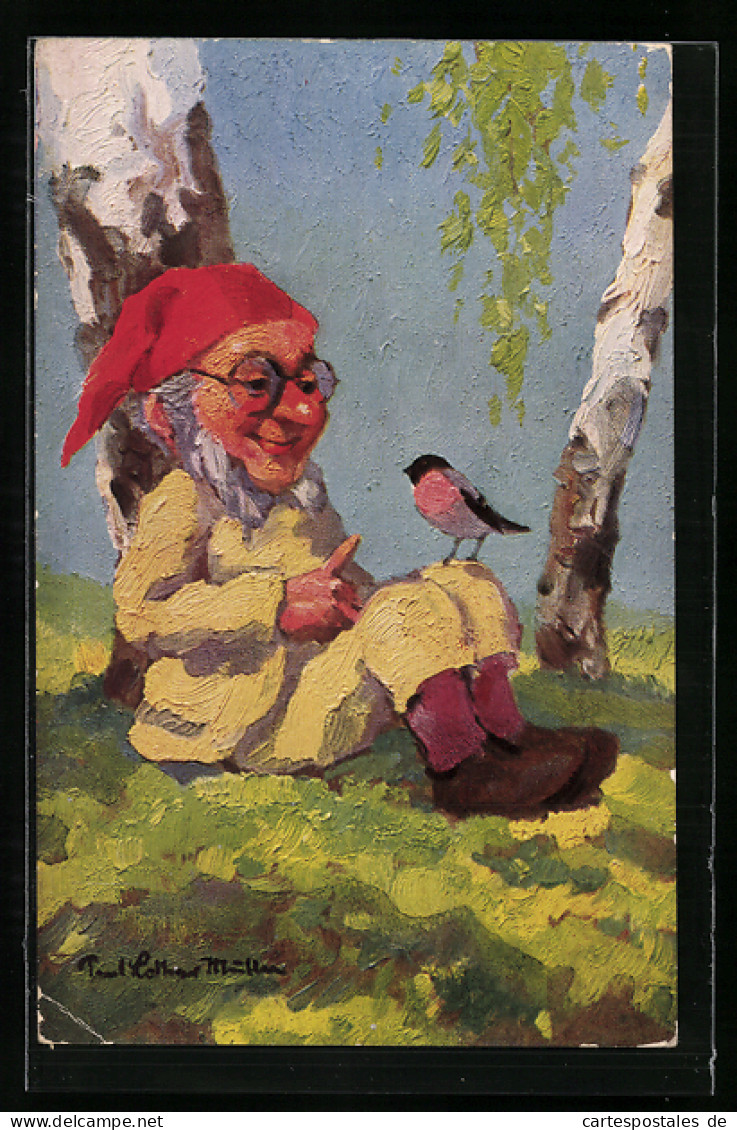Künstler-AK Paul Lothar Müller: Der Lehrer, Zwerg Freut Sich über Zutraulichen Singvogel  - Autres & Non Classés