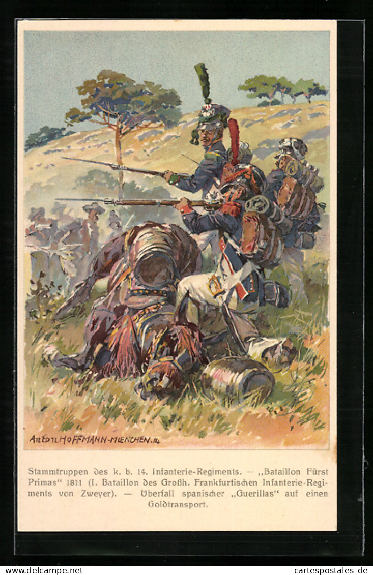 Künstler-AK Anton Hoffmann - München: Überfall Spanischer Guerillas, 100-Jahrfeier Des 14. Inf.-Regt. Hartmann 1914  - Regimente