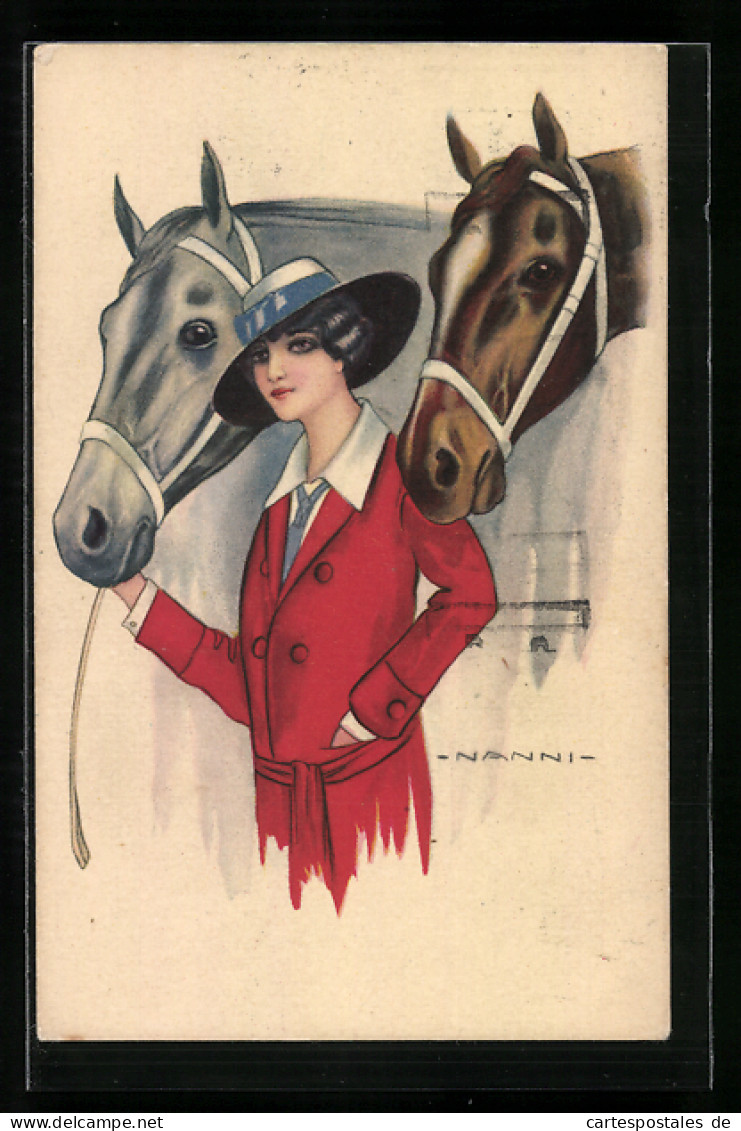 Künstler-AK Nanni: Dame Mit Hut Und In Rotem Mantel Mit Ihren Pferden  - Nanni
