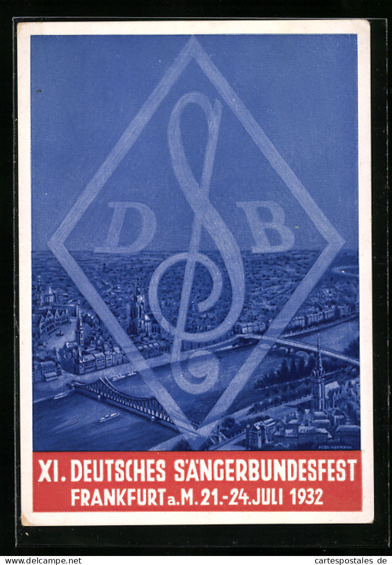 Künstler-AK Frankfurt A. M., XI. Deutsches Sängerbundesfest 1932, Ortsansicht Mit Mainbrücken Aus Der Vogelschau  - Autres & Non Classés