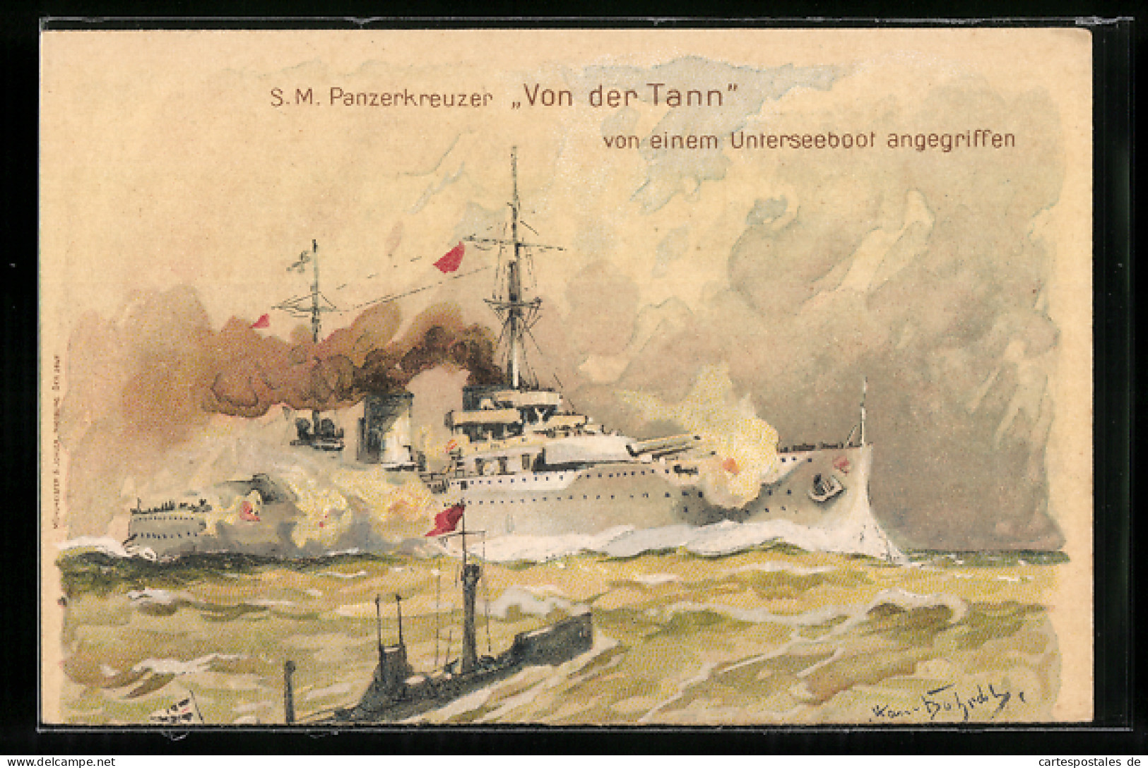 Künstler-AK Hans Bohrdt: Panzerkreuzer Von Der Tann Von Einem U-Boot Angegriffen  - Krieg