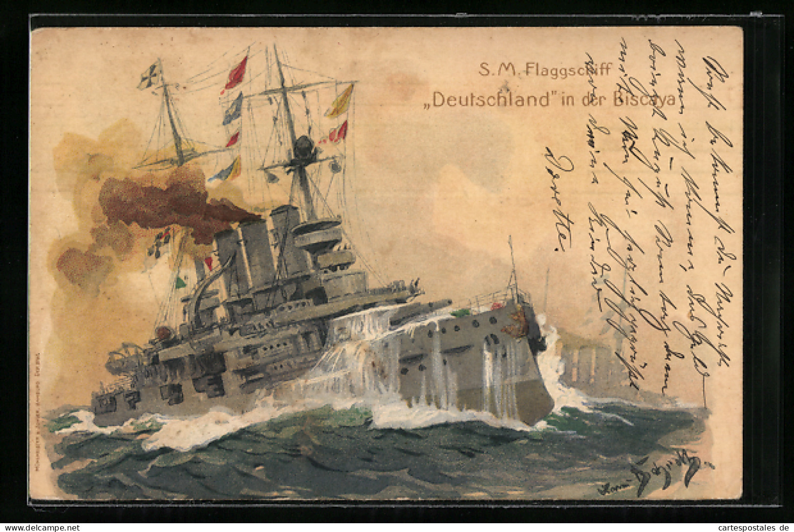 Künstler-AK Hans Bohrdt: Kriegsschiff S. M. Deutschland In Der Biscaya  - Guerra
