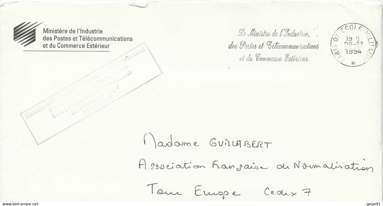 Secap De Paris 07 Ecole Militaire - Ministre De L'Industrie Des Postes Et Télécommunication Et Du Commerce Extérieur - Mechanical Postmarks (Advertisement)