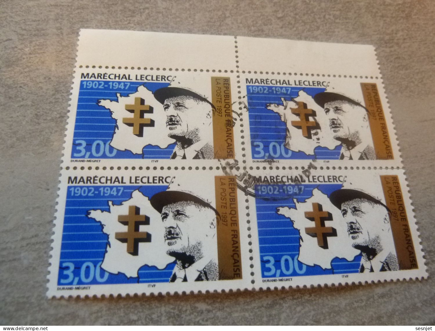 Général Leclerc (1902-1947) Maréchal - 3f. - Yt 3126 - Vert, Noir Et Bleu - Quadruple Oblitérés - Année 1997 - - Used Stamps