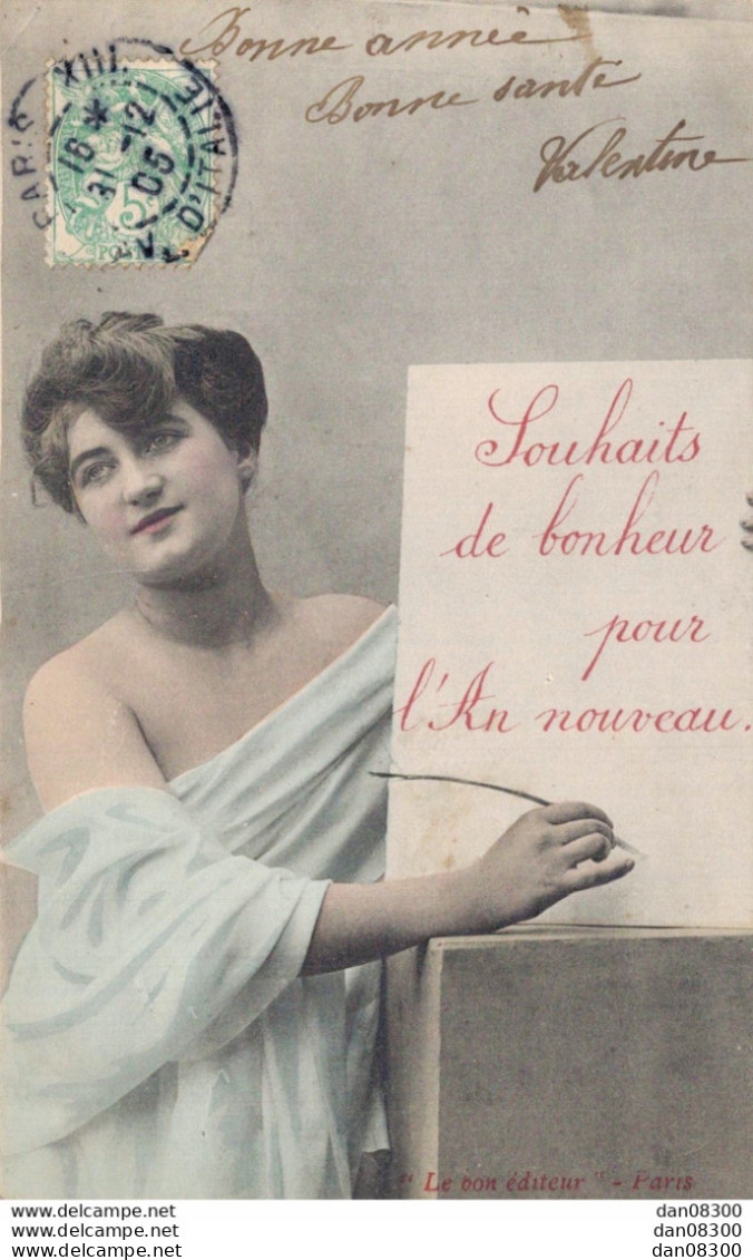 SOUHAITS DE BONHEUR POUR L'AN NOUVEAU FEMME EN TOGE LES EPAULES NUES TENANT UNE PANCARTE - Anno Nuovo