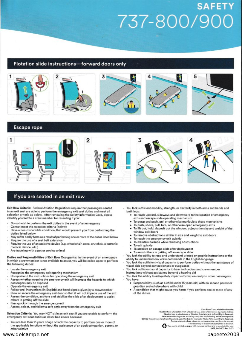 Alaska Airlines / 737-800 /900 De 20232020 / Consignes De Sécurité / Safety Card (grand Format) - Fichas De Seguridad