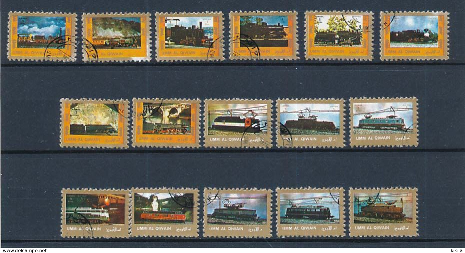 16 Mini Timbres Oblitérés D'UMM AL QWAIN Train Locomotive à Vapeur Ou électrique XIII-14 - Trenes