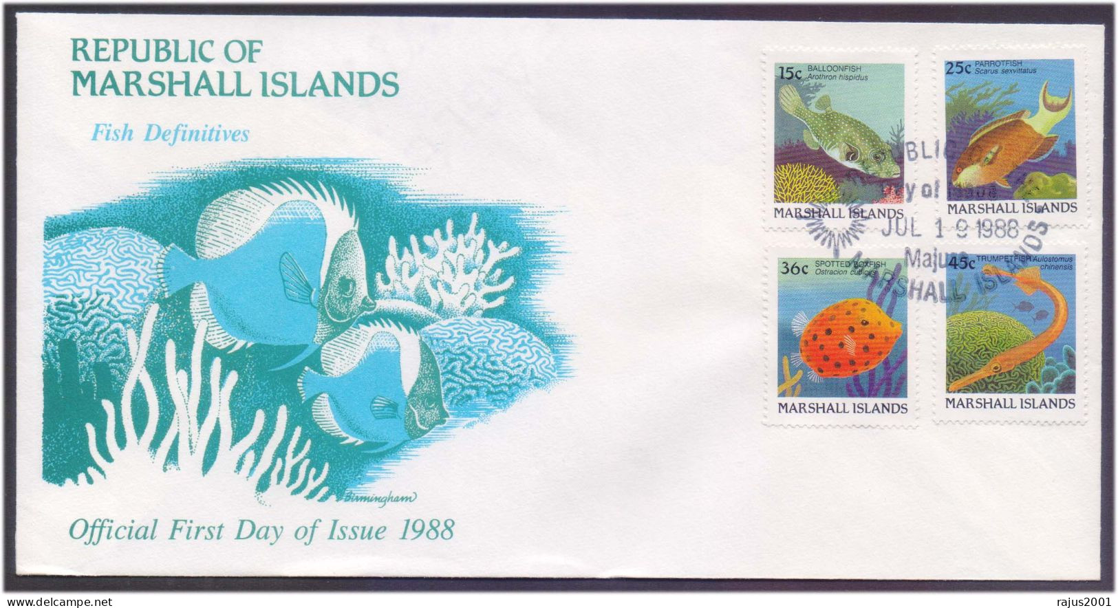 Coral Reef Marine Life Underwater, Trumpet Fish, Balloon Fish, Parrot Fish, Sea Creatures, Animal, Marshall FDC 1988 - Fische