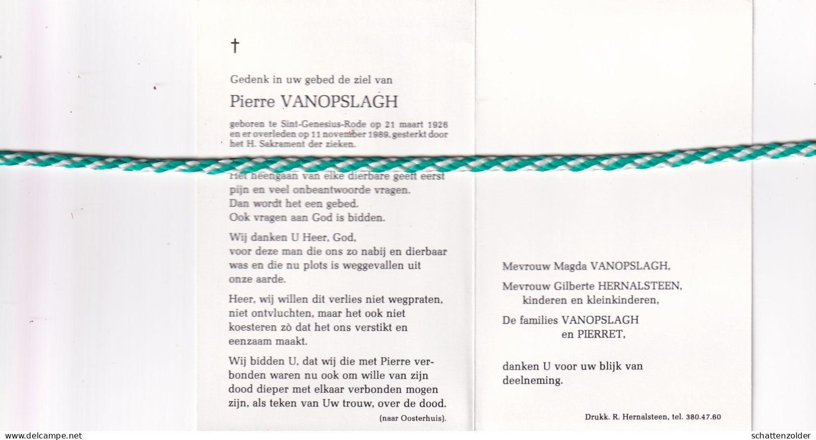 Pierre Vanopslagh, Sint-Genesius-Rode 1926, 1989 - Obituary Notices