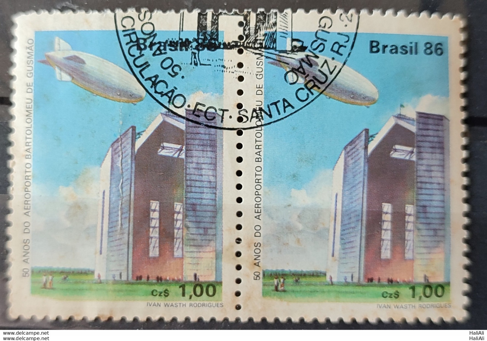 C 1541 Brazil Stamp 50 Years Airport Bartolomeu De Gusmao Balloon Hangar 1986 Dupla Circulated 2.jpg - Usati