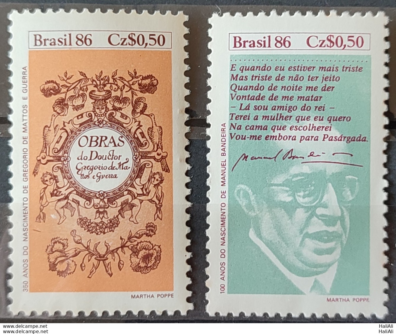 C 1527 Brazil Stamp Book Day Literature Gregorio De Mattos Guerra Manuel Bandeira 1986 Complete Series.jpg - Unused Stamps