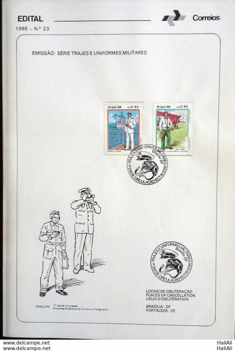 Brochure Brazil Edital 1986 23 Military Uniforms With Stamp Overlaid CBC DF Brasília - Cartas & Documentos