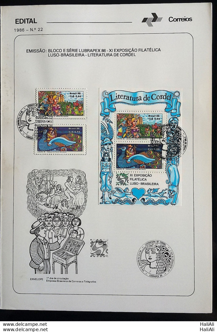 Brochure Brazil Edital 1986 22 Cordel Literature With Stamp Block CBC RJ - Covers & Documents