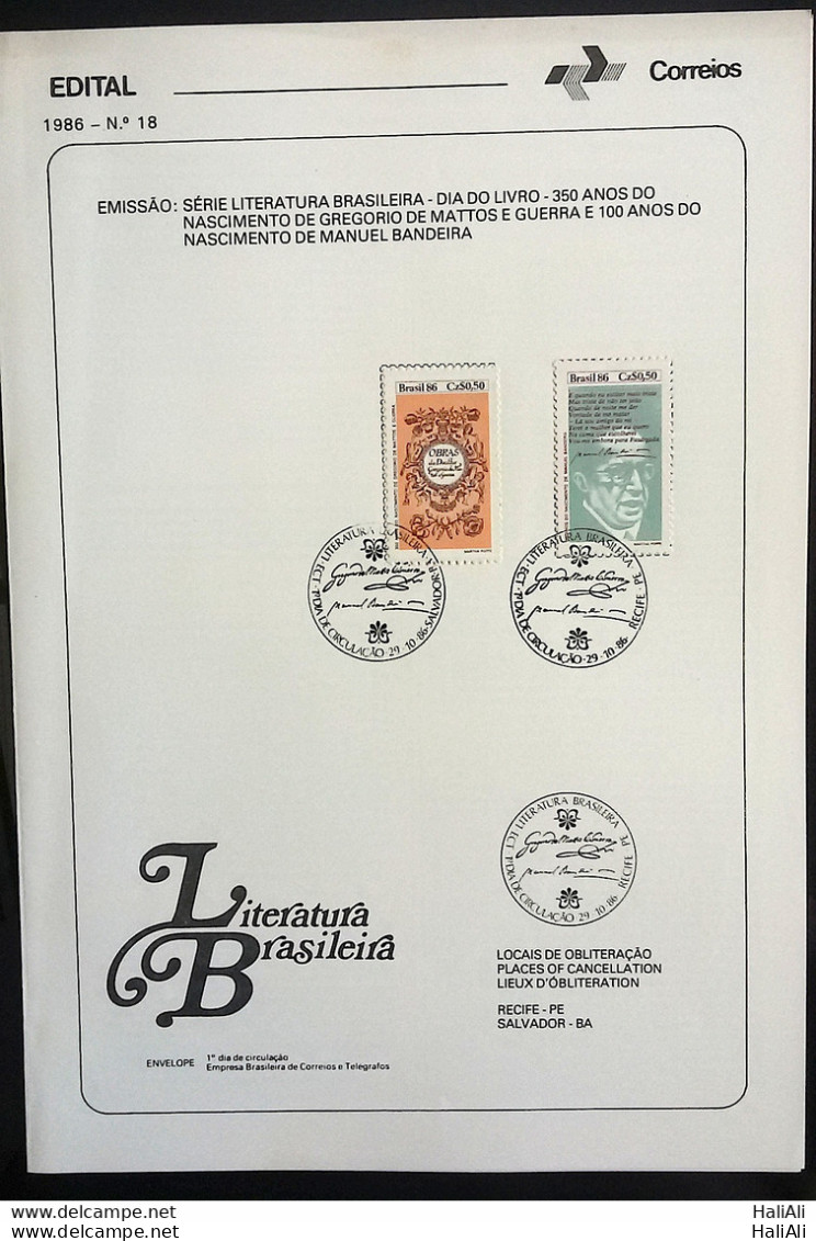 Brochure Brazil Edital 1986 18 Gregorio Mattos Manuel Flag Literature With Stamp CBC PE And BA Overlaid - Briefe U. Dokumente