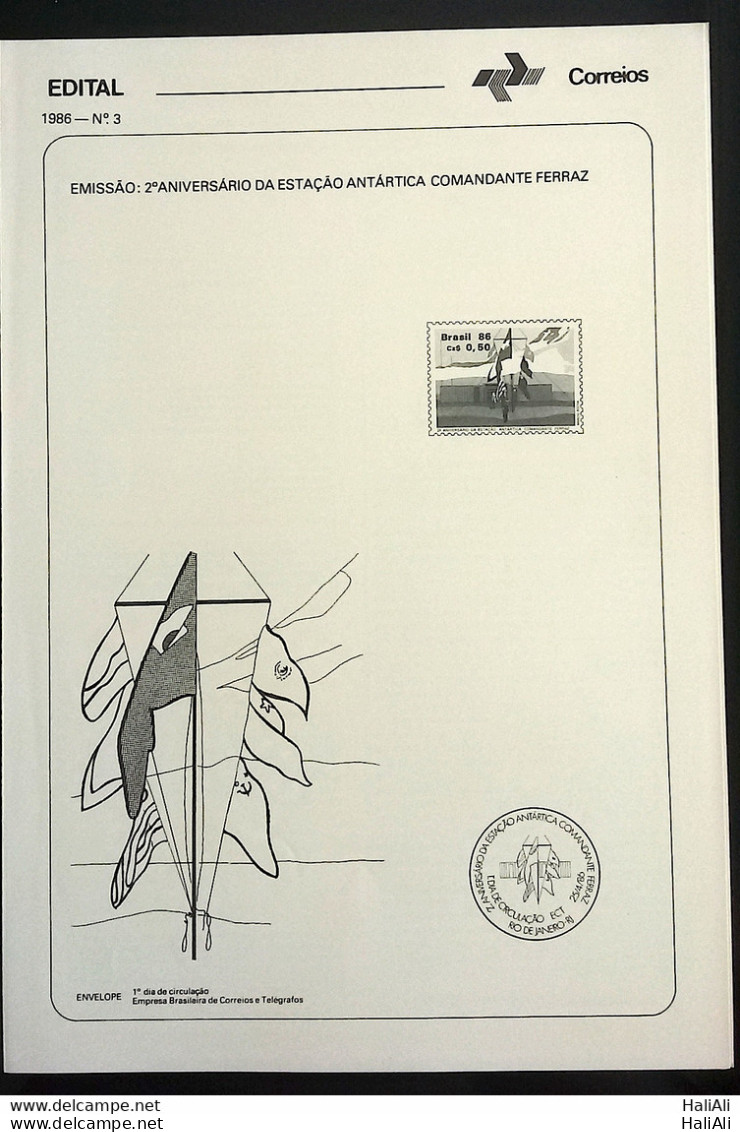 Brochure Brazil Edital 1986 03 Commander Ferraz Antartide Antarctica Flag Without Stamp - Storia Postale