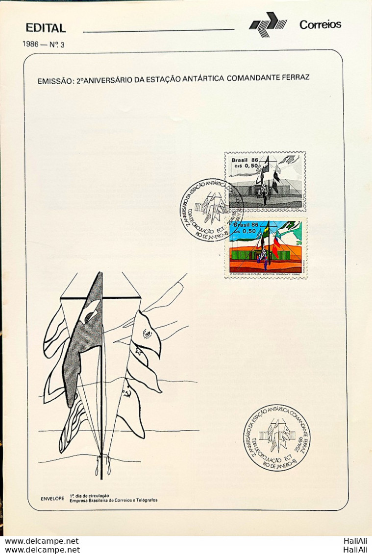 Brochure Brazil Edital 1986 03 Commander Ferraz Antartide Antarctica Flag With Stamp CBC RJ - Cartas & Documentos