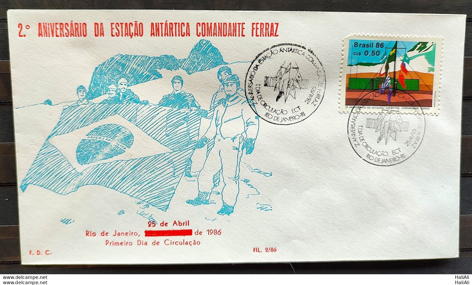 Brazil Envelope PVT FIL 002 1986 Antarctic Station Commander Ferraz Bandeira CBC RJ - FDC
