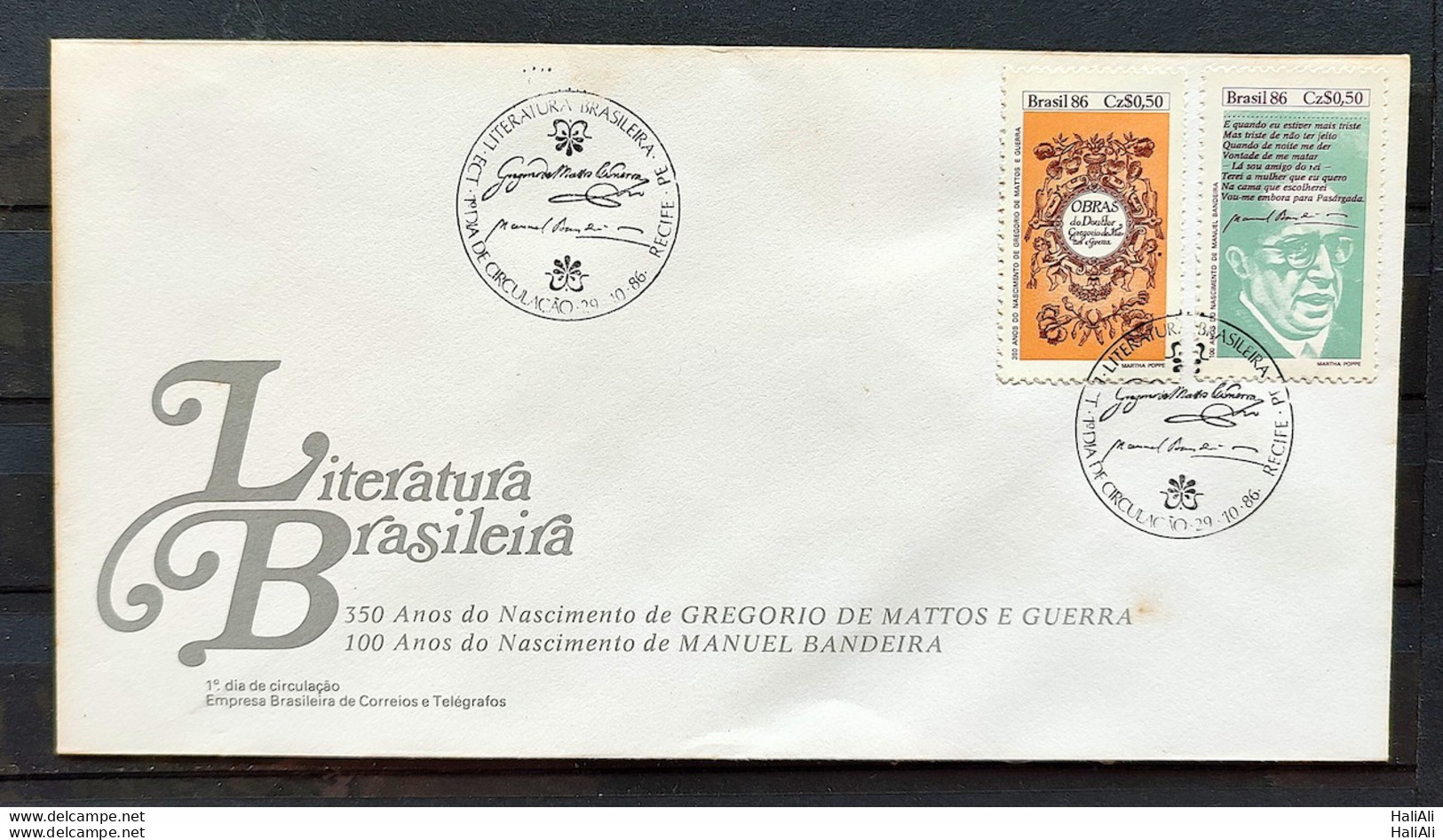 Brazil Envelope FDC 406 1986 Book Day Literature Manuel Bandeira CBC PE 01 - FDC