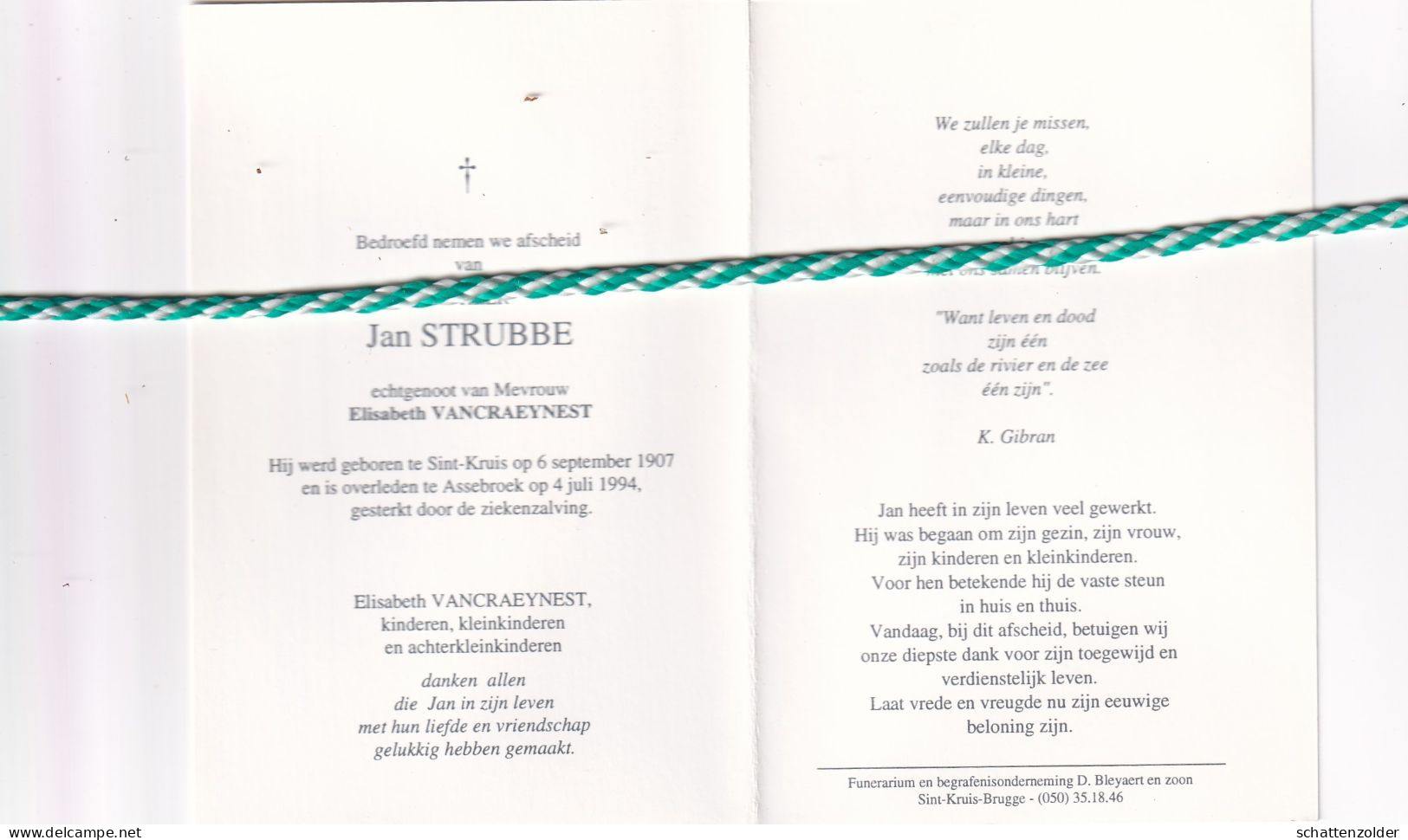 Jan Strubbe-Vancraeynest, Sint-Kruis 1907, Assebroek 1994. Foto - Obituary Notices