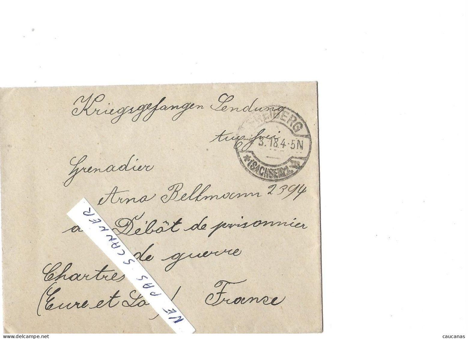 FREIBERG  CHARTRES  Enveloppe D'un Courrier Pour Un Prisonnier Allemend En France - 1914-18