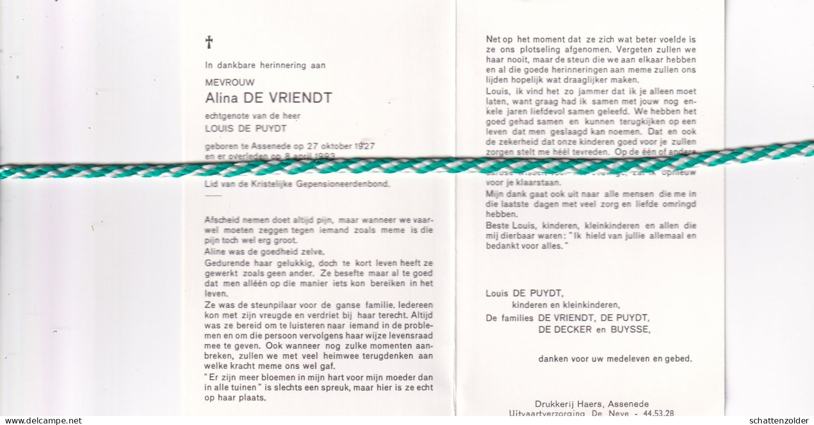 Alina De Vriendt-De Puydt, Assenede 1927, 1993 - Todesanzeige