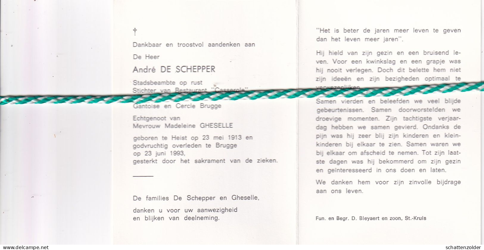 André De Schepper-Gheselle, Heist 1913, Brugge 1993. Oud Speler Heist, Gantoise, Cercle Brugge. Foto - Overlijden