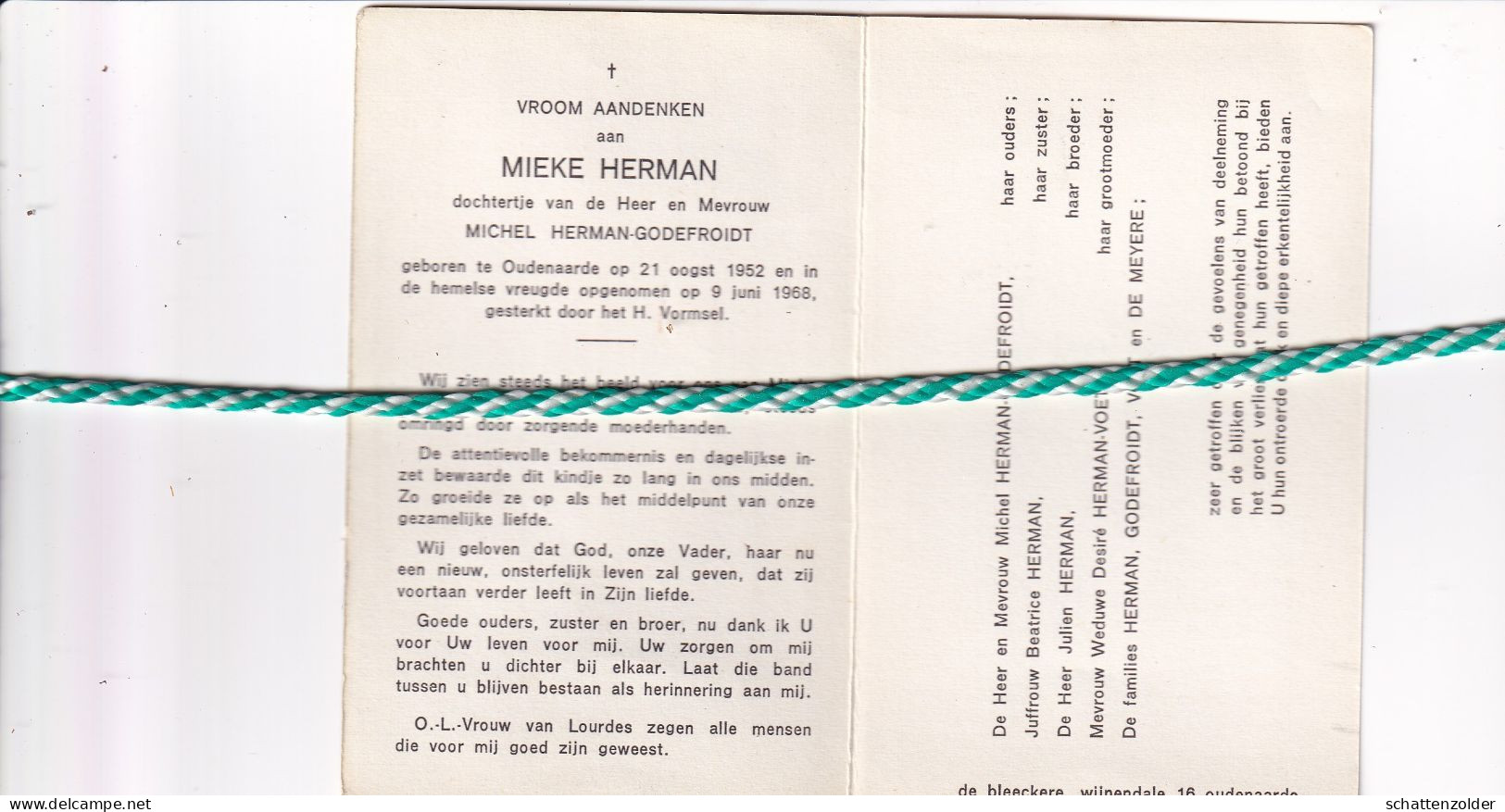 Mieke Herman-Godefroidt, Oudenaarde 1952, 1968 - Todesanzeige