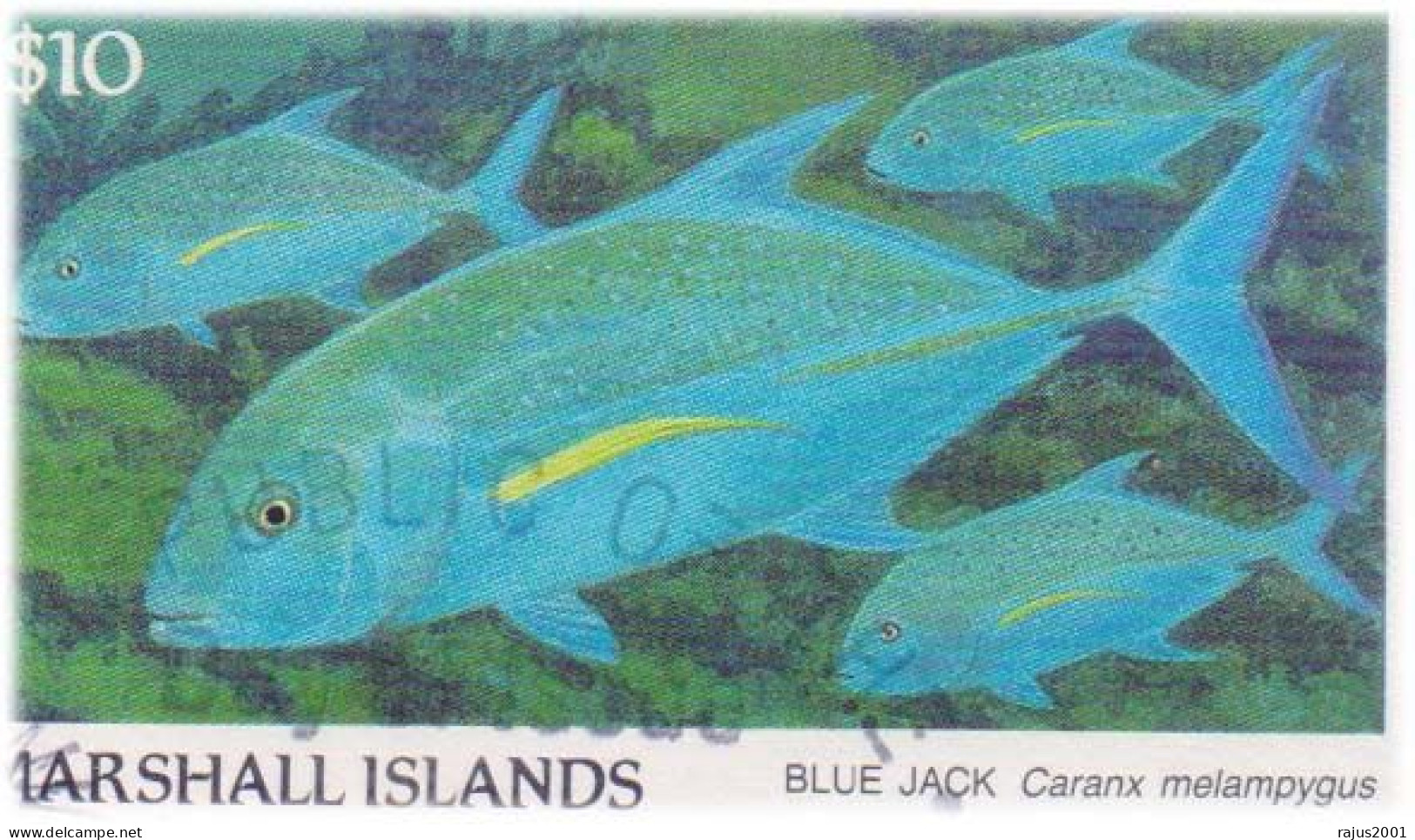 Coral Reef Marine Life Underwater, Sea Life, Bluefin Jack, Blue Jack Fish 10$ High Value Stamp Marshall FDC - Poissons