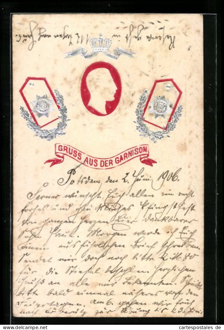 Präge-AK Konterfei Kaiser Wilhelm II., Regiments-Wappen  - Reggimenti