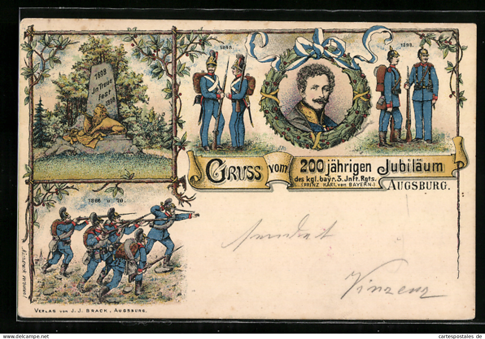 Lithographie Augsburg, 200jähriges Jubiläum D. Kgl. Byr. 3. Inft. Rgts., Soldaten 1848  - Régiments