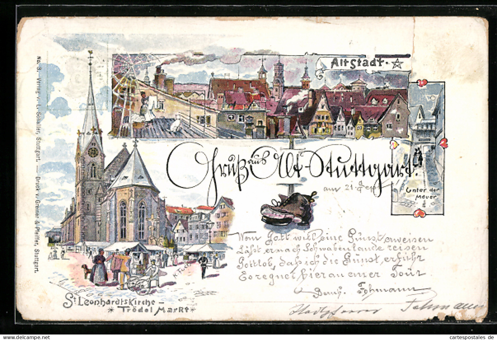 Lithographie Ganzsache Württemberg PP11F46 /03: Stuttgart, St. Leonhardtskirche M. Trödelmarkt, Unter Der Mauer  - Postkarten