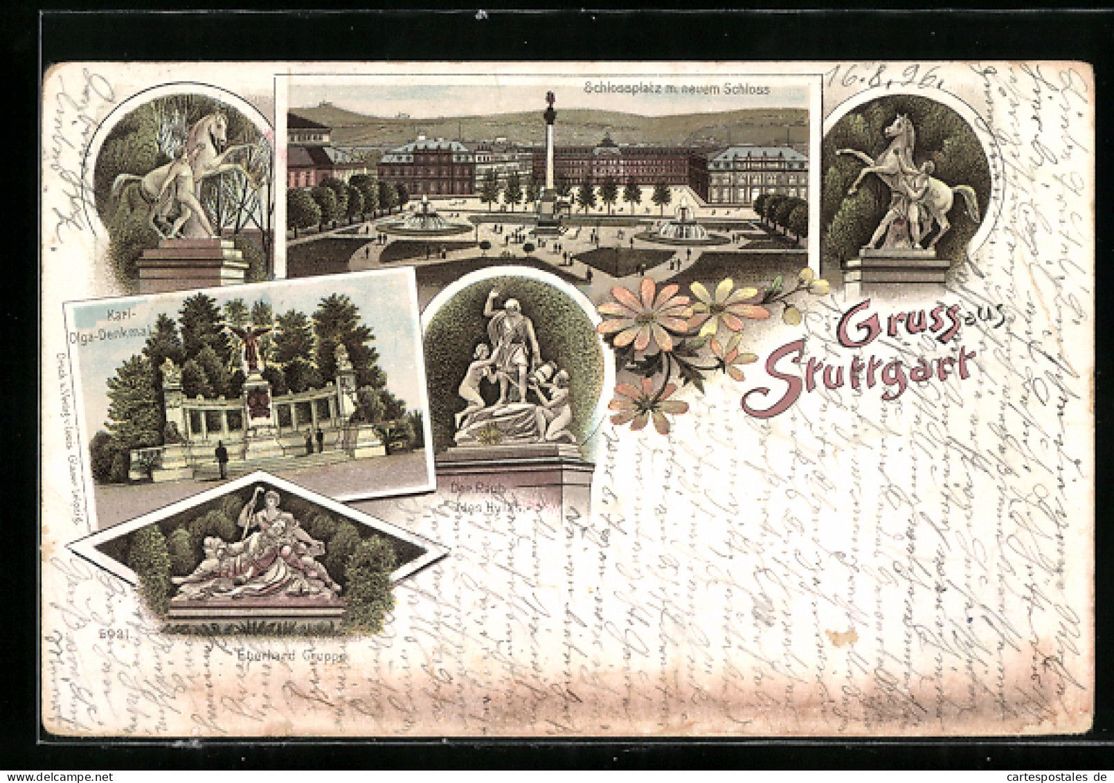 Lithographie Ganzsache Württemberg PP11F36 /03: Stuttgart, Schlossplatz Mit Schloss, Der Raub Des Hylas, Eberhardgrup  - Cartes Postales