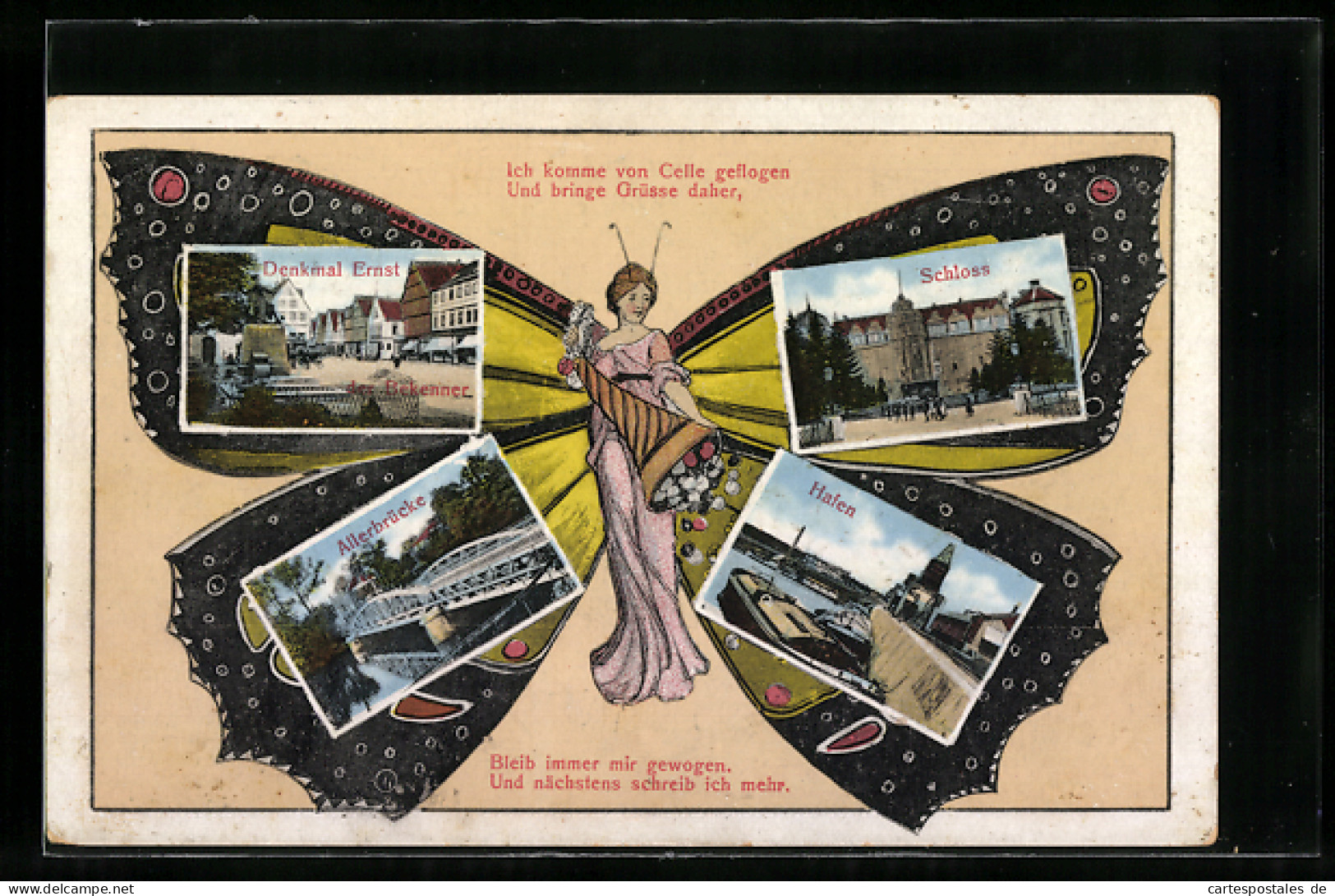 Schmetterling-AK Celle, Schloss, Denkmal Ernst Der Bekenner, Allerbrücke, Hafen, Fliegende Menschen  - Photographs