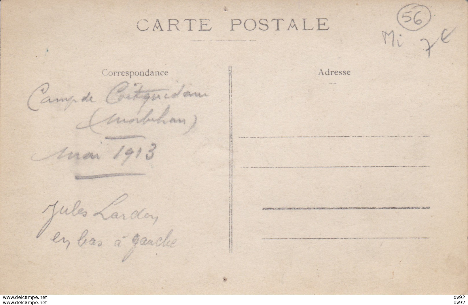 MORBIHAN CAMP DE COETQUIDAN 1913 CARTE PHOTO (NOM AU DOS) - Guer Cötquidan