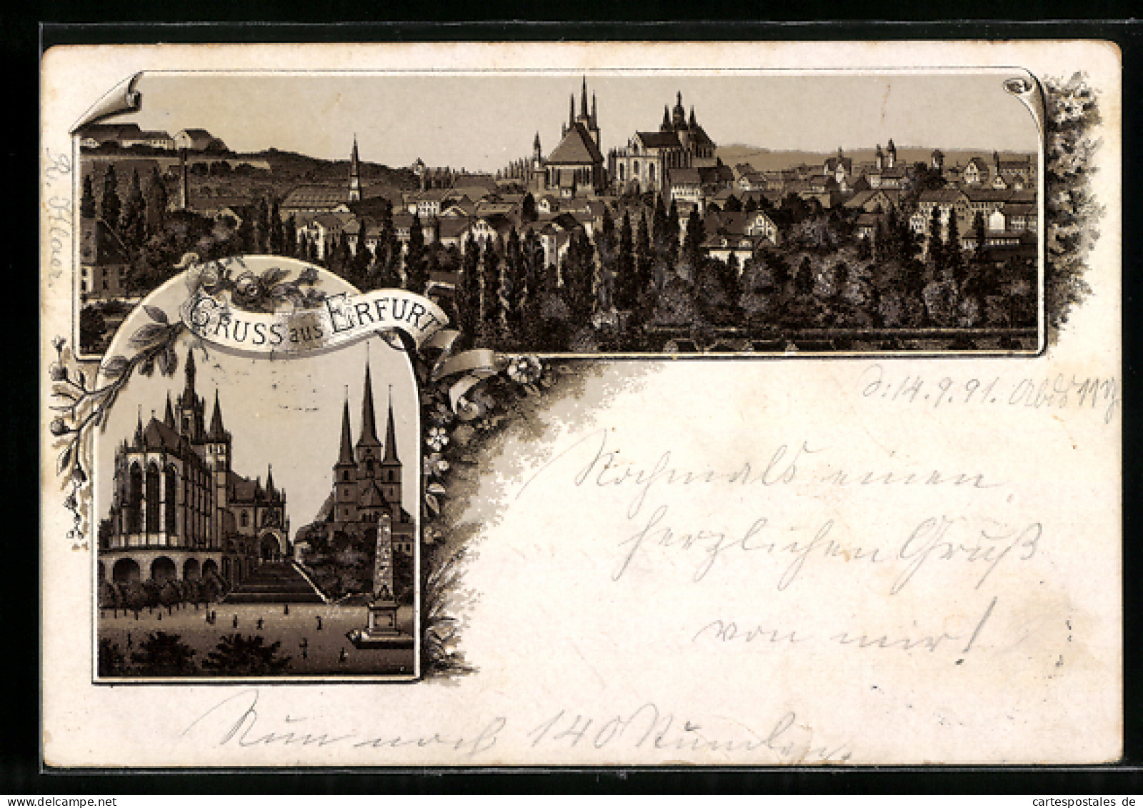 Vorläufer-Lithographie Erfurt, 1891, Gesamtansicht, Dom Und Severikirche  - Erfurt