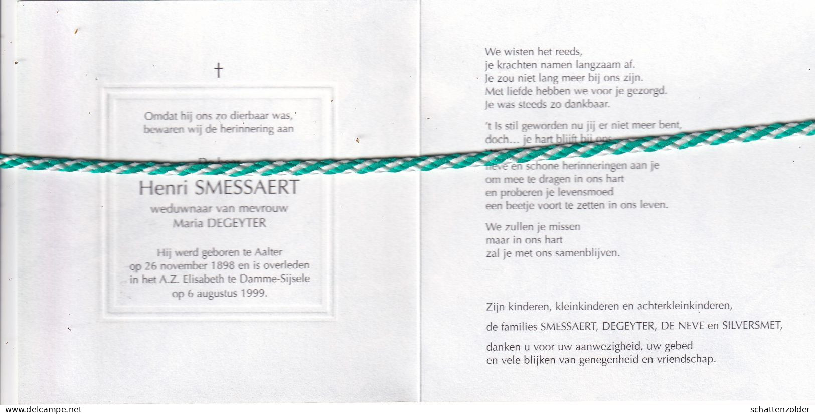 Henri Smessaert-Degeyter, Aalter 1898, Damme-Sijsele 1999. Honderdjarige. Foto - Overlijden