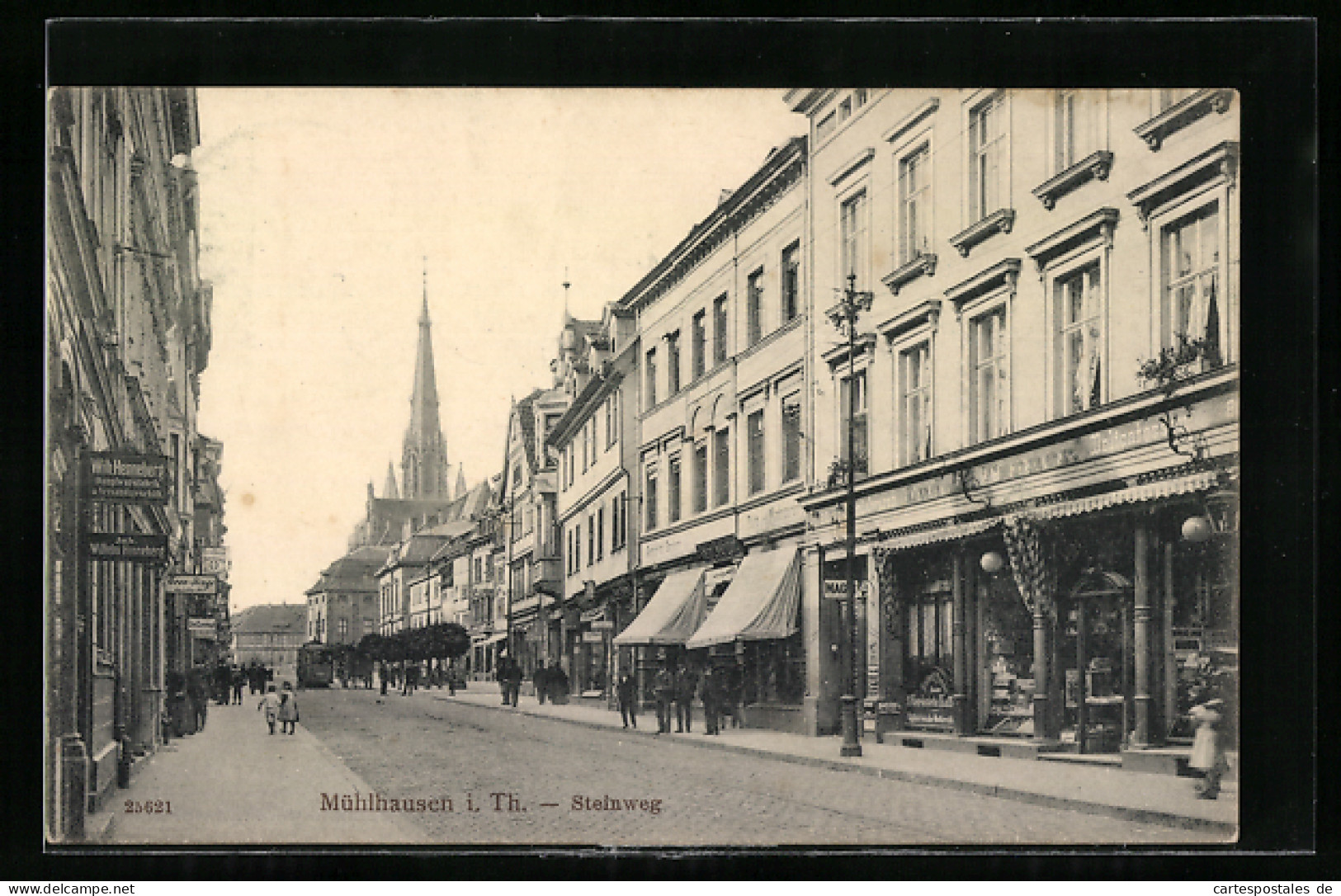 AK Mühlhausen I. Th., Strasse Steinweg Mit Geschäften Und Strassenbahn  - Tramways