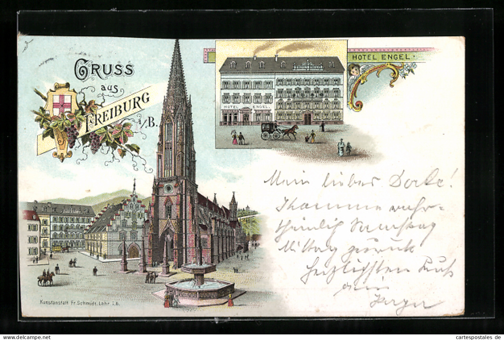 Lithographie Freiburg I. B., Hotel Engel, Ortspartie Mit Kirche Und Brunnen, Wappen  - Freiburg I. Br.