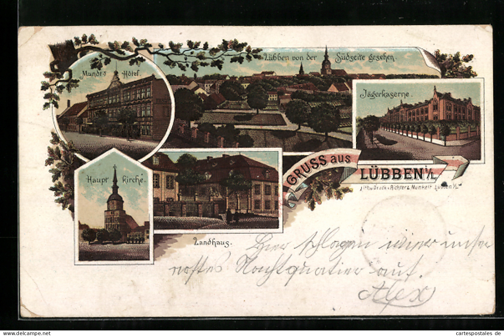 Lithographie Lübben I. L., Mundts Hotel, Jägerkaserne, Landhaus, Hauptkirche  - Luebben