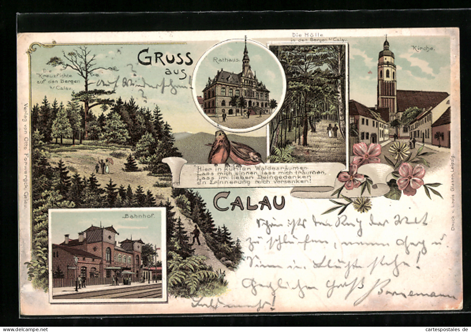 Lithographie Calau, Kirche, Bahnhof, Rathaus  - Calau
