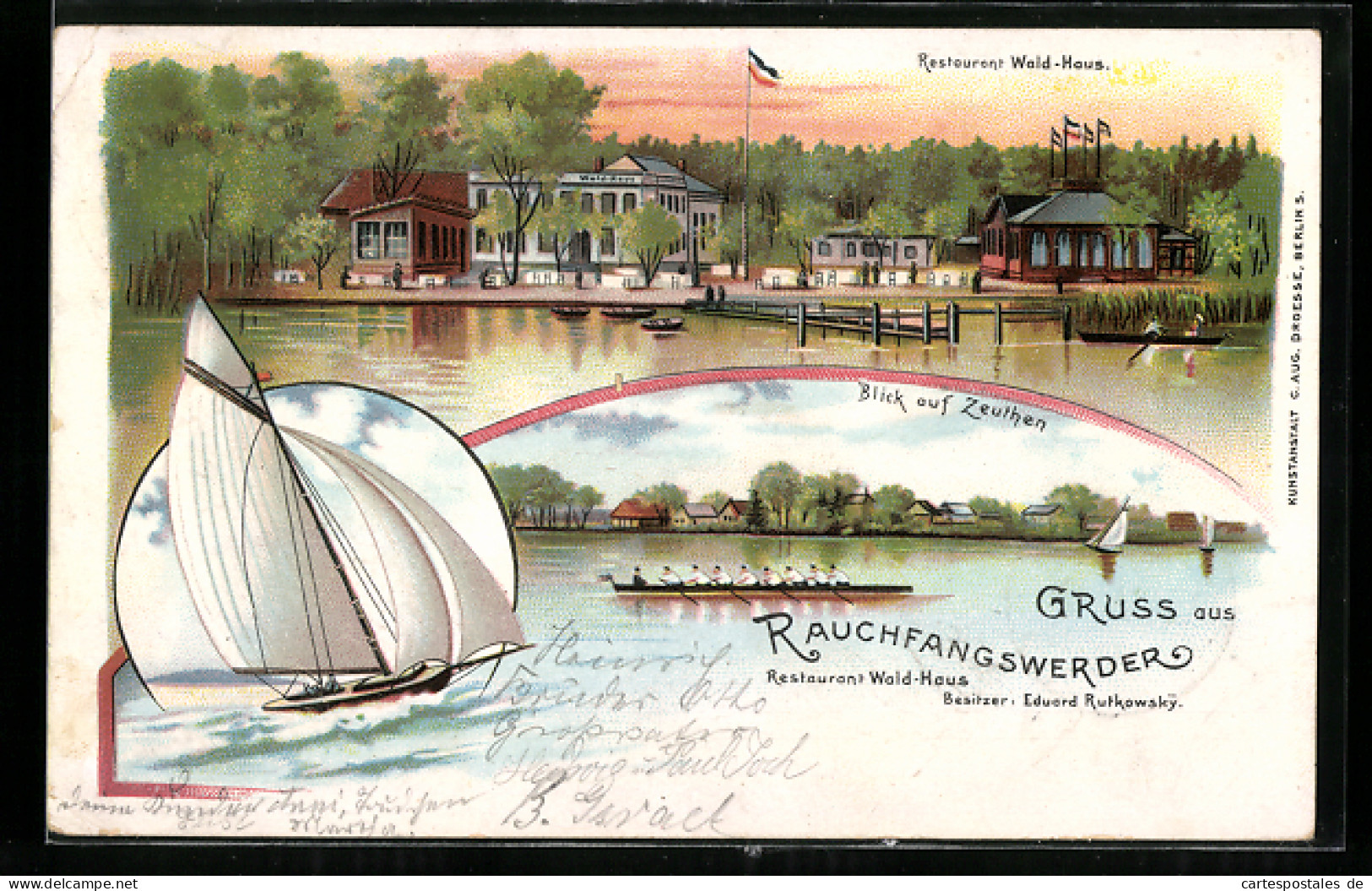 Lithographie Berlin-Rauchfangswerder, Restaurant Wald-Haus, Uferpartie Mit Ruderboot  - Koepenick